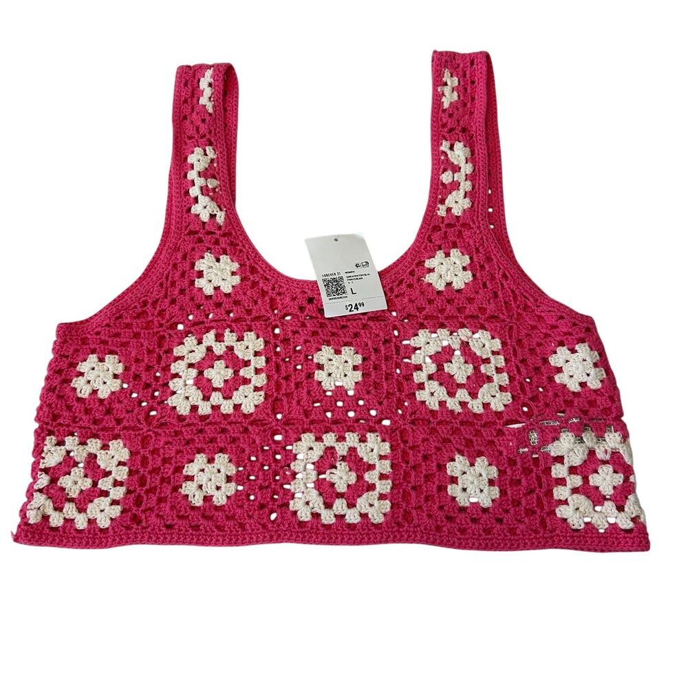 Forever 21 Women's Crochet Crop Top Sz L Pink Boho Festival Coquette